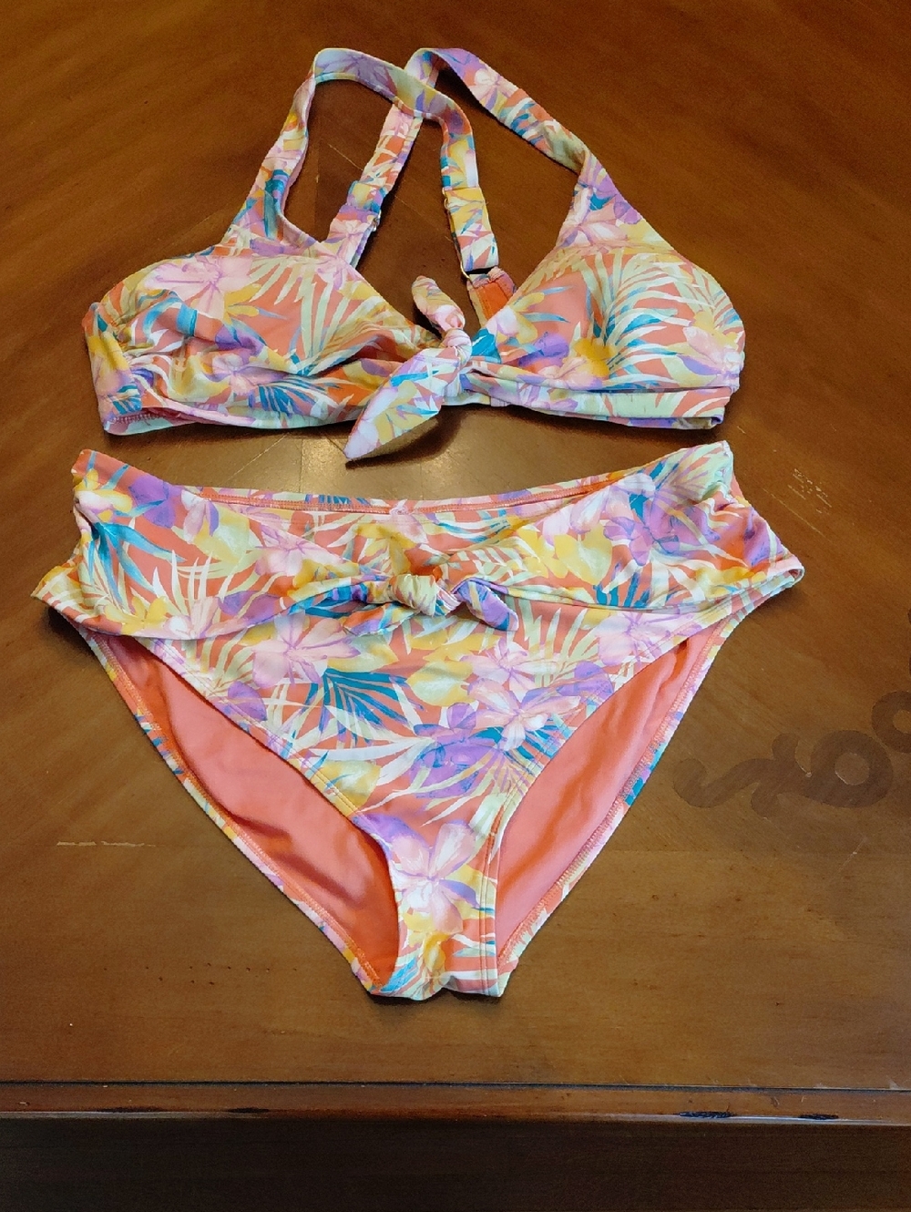 Source Unknown Coral Multi Tropical Floral Two-Piece Bikini